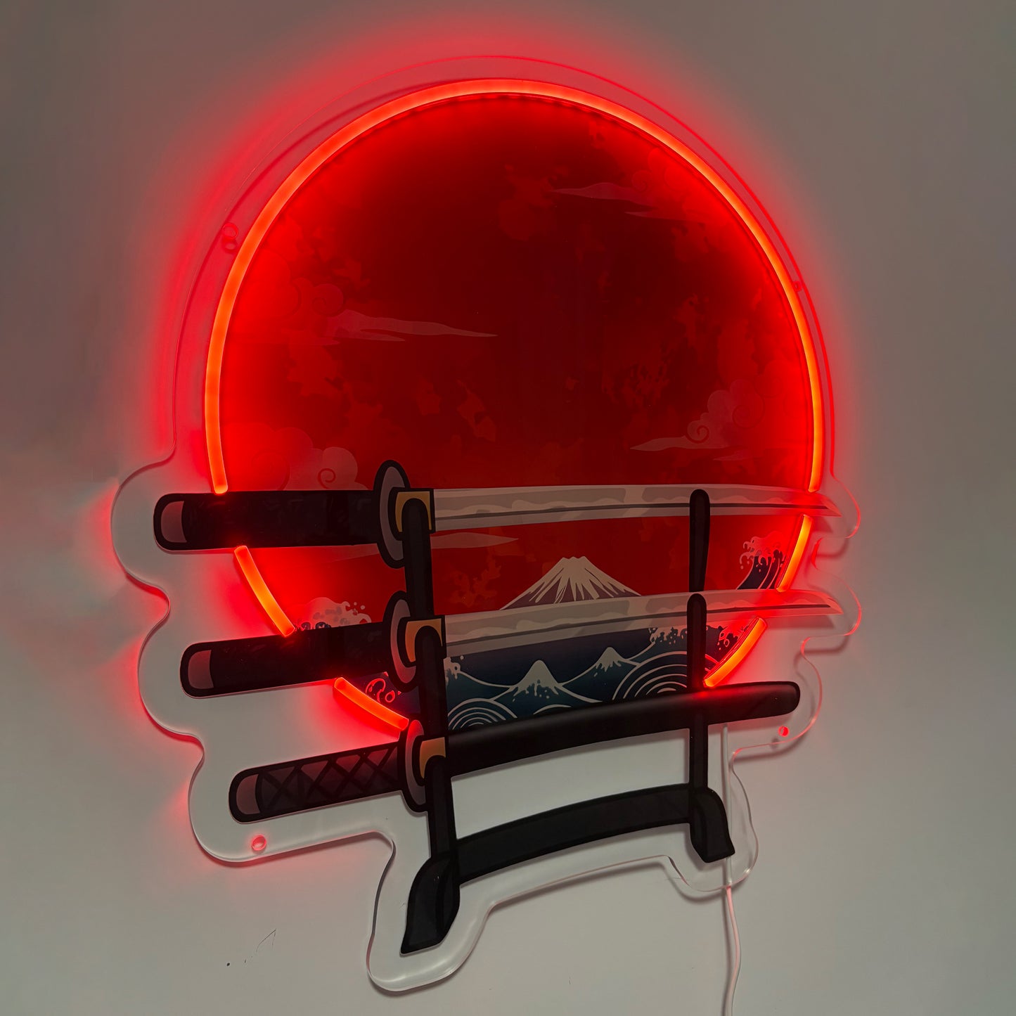 LED Sign Mount Fuji, Ukiyo-e Inspired, Red Moon, Japan Wall Art.