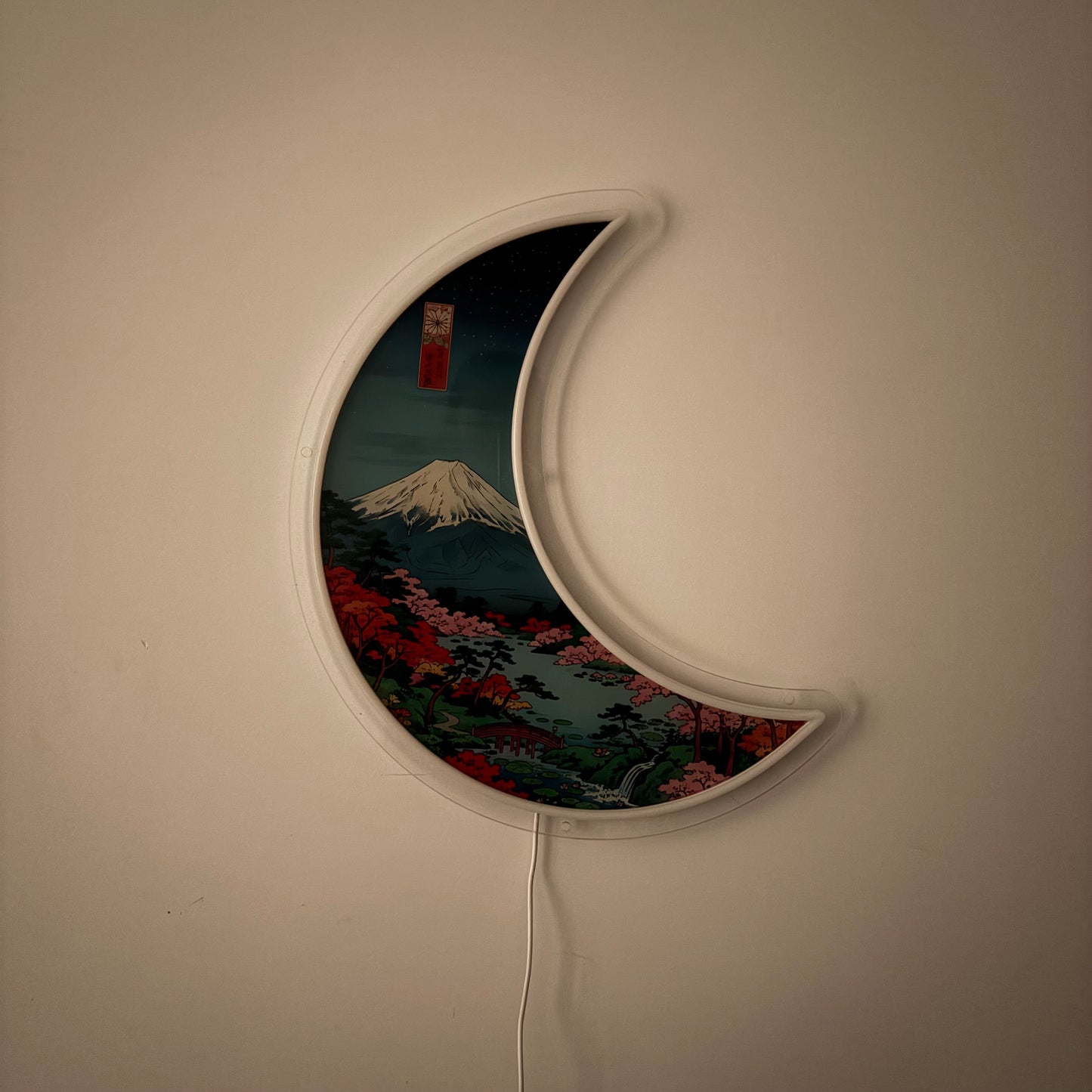 Mont Fuji Croissant de Lune, inspiré Ukiyo-e | Art mural néon LED