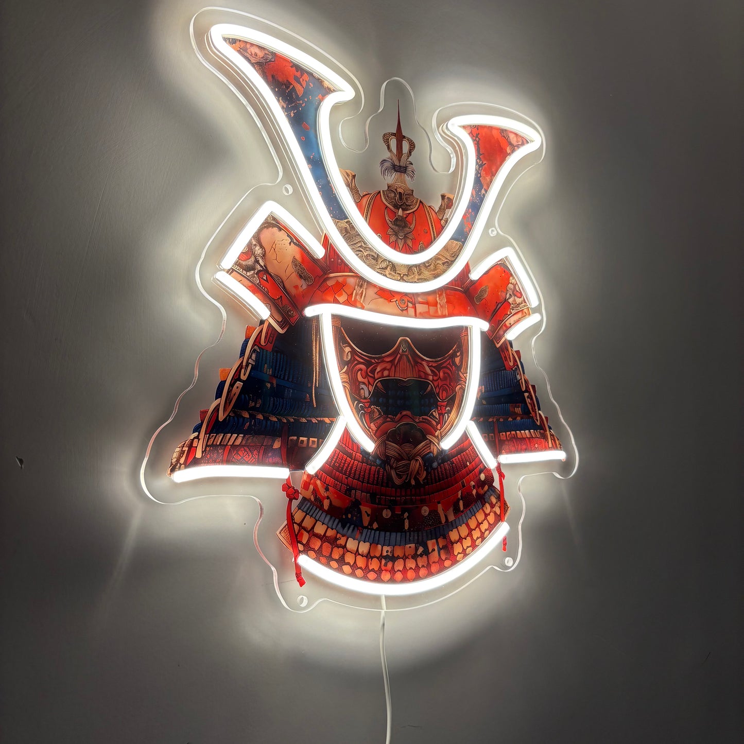 Casque de samouraï inspiré Ukiyo-e / Art mural néon LED