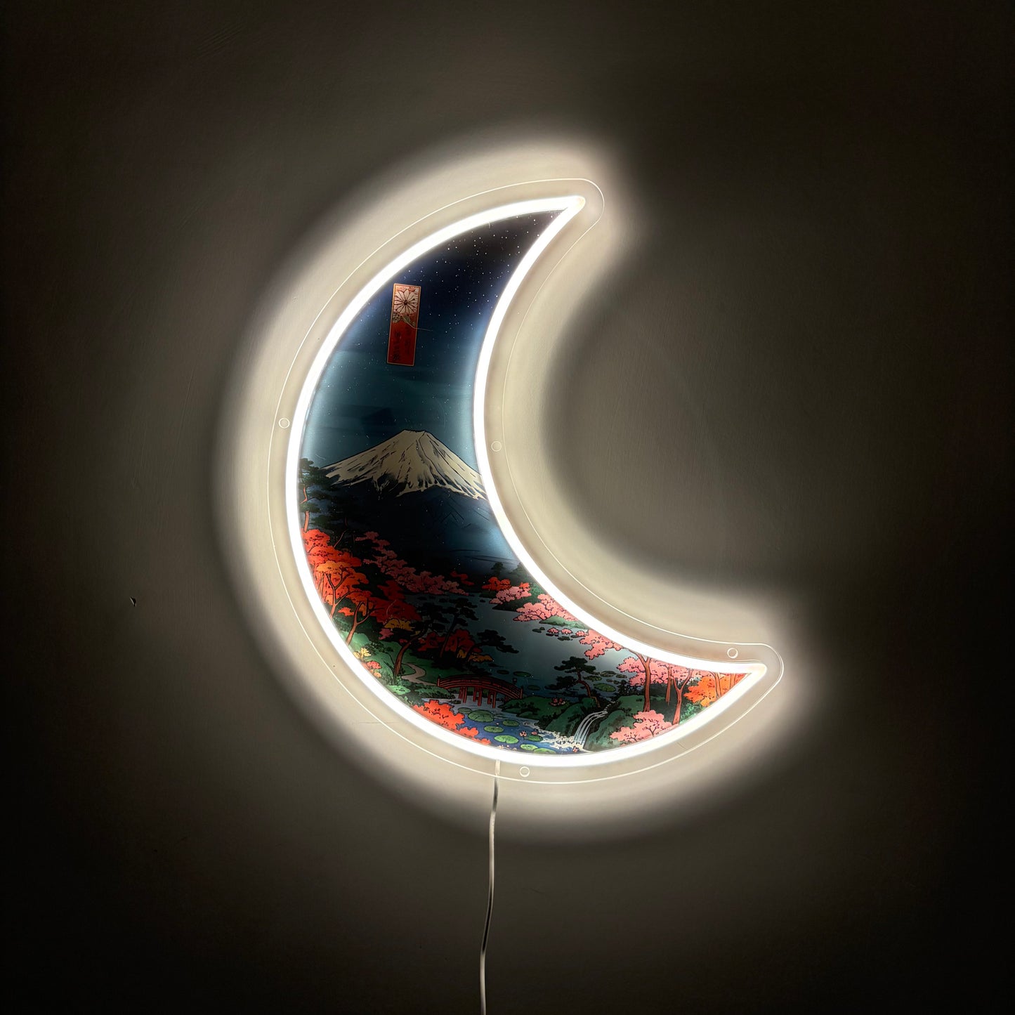 Mont Fuji Croissant de Lune, inspiré Ukiyo-e | Art mural néon LED