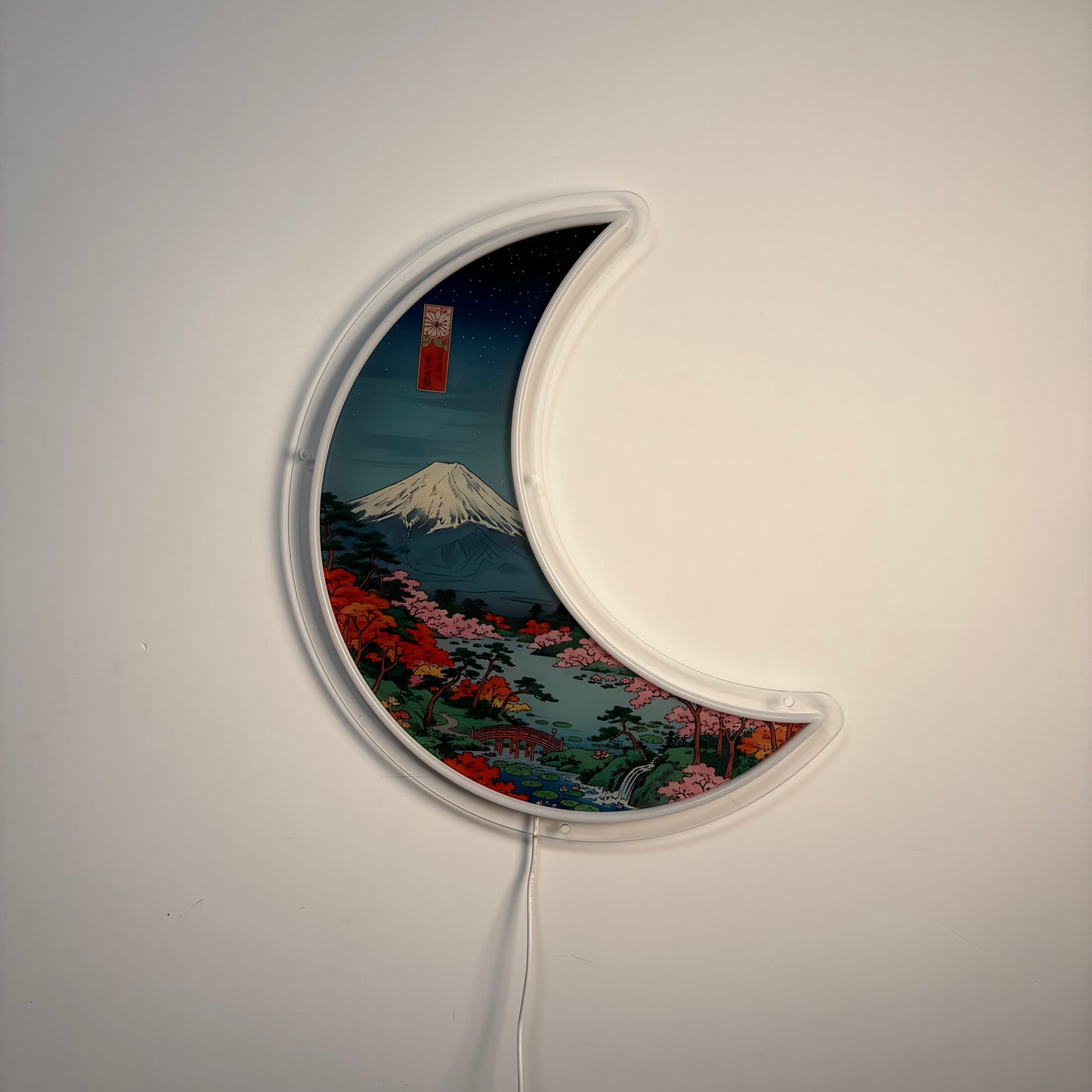 Mont Fuji Croissant de Lune, inspiré Ukiyo-e | Art mural néon LED