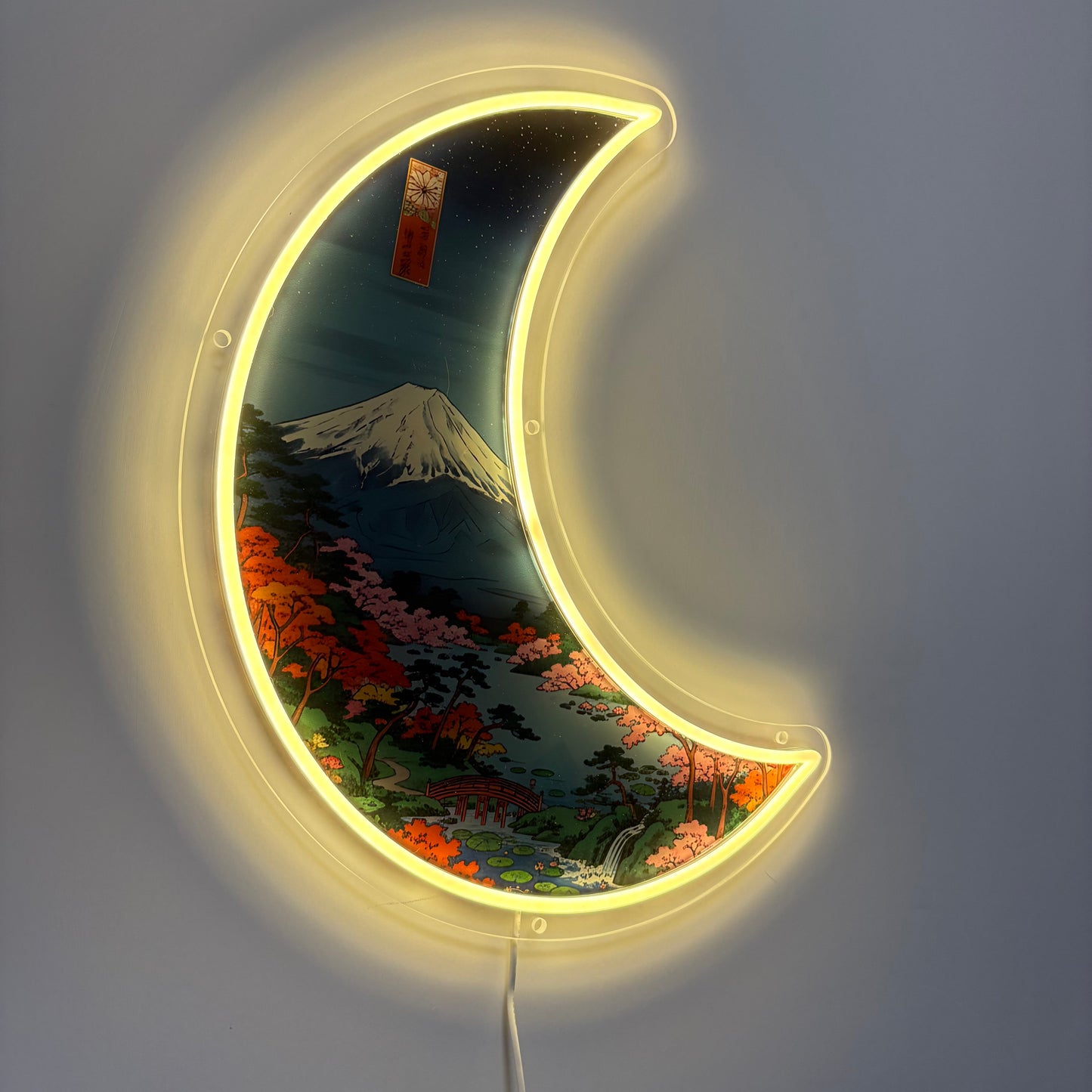 Mont Fuji Croissant de Lune, inspiré Ukiyo-e | Art mural néon LED