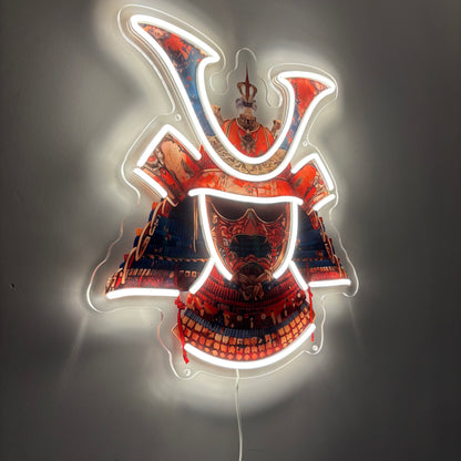 Casque de samouraï inspiré Ukiyo-e / Art mural néon LED