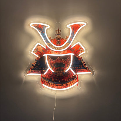 Casque de samouraï inspiré Ukiyo-e / Art mural néon LED