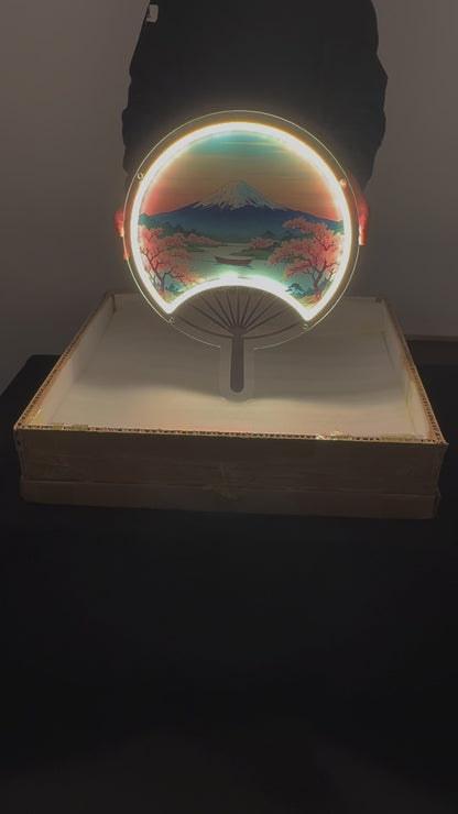 Éventail japonais Mont Fuji inspiré Ukiyo-e / Art mural néon LED